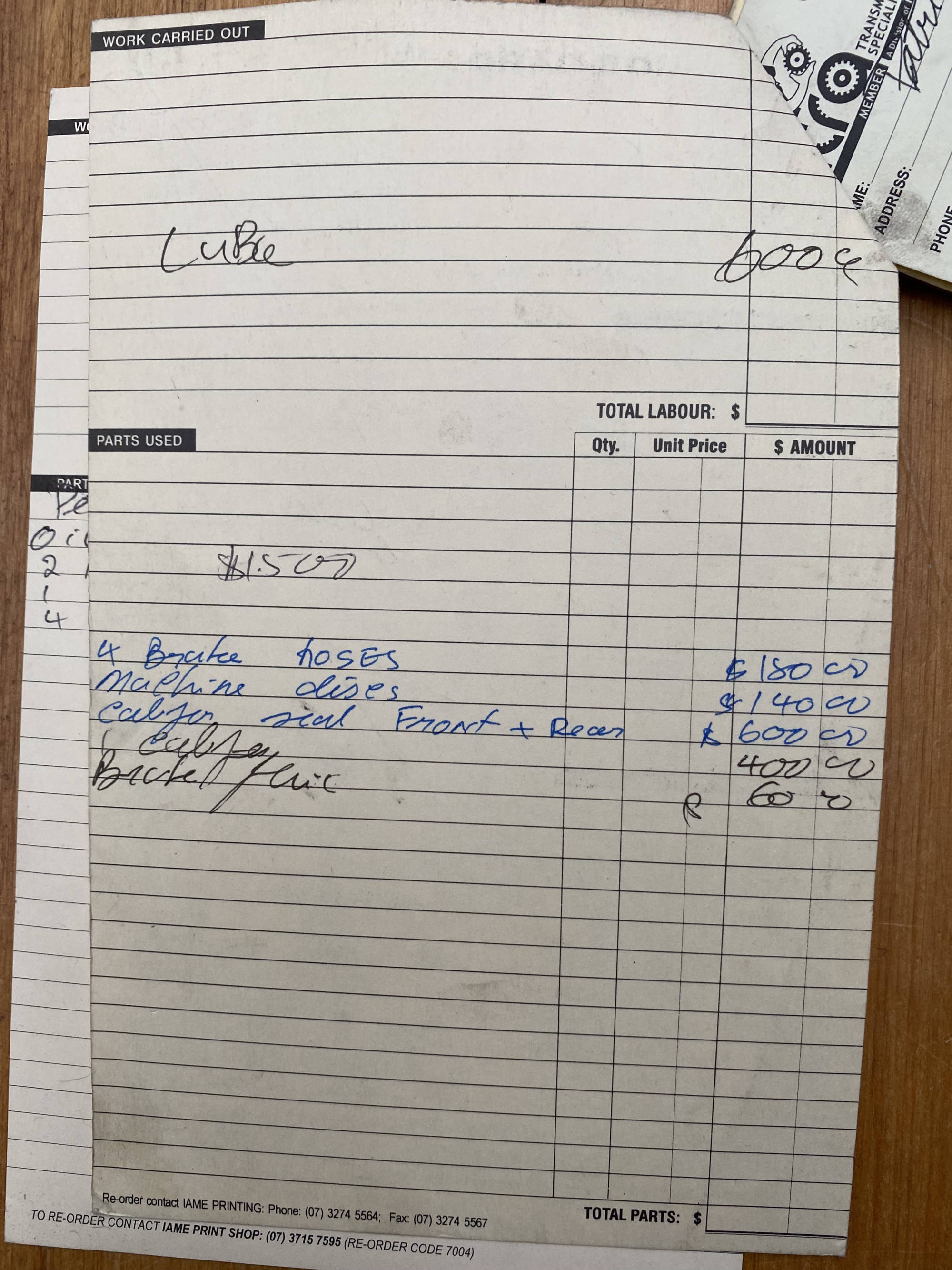 Porsche 930 Service Card - New Brakes Lube and Tyres 2017