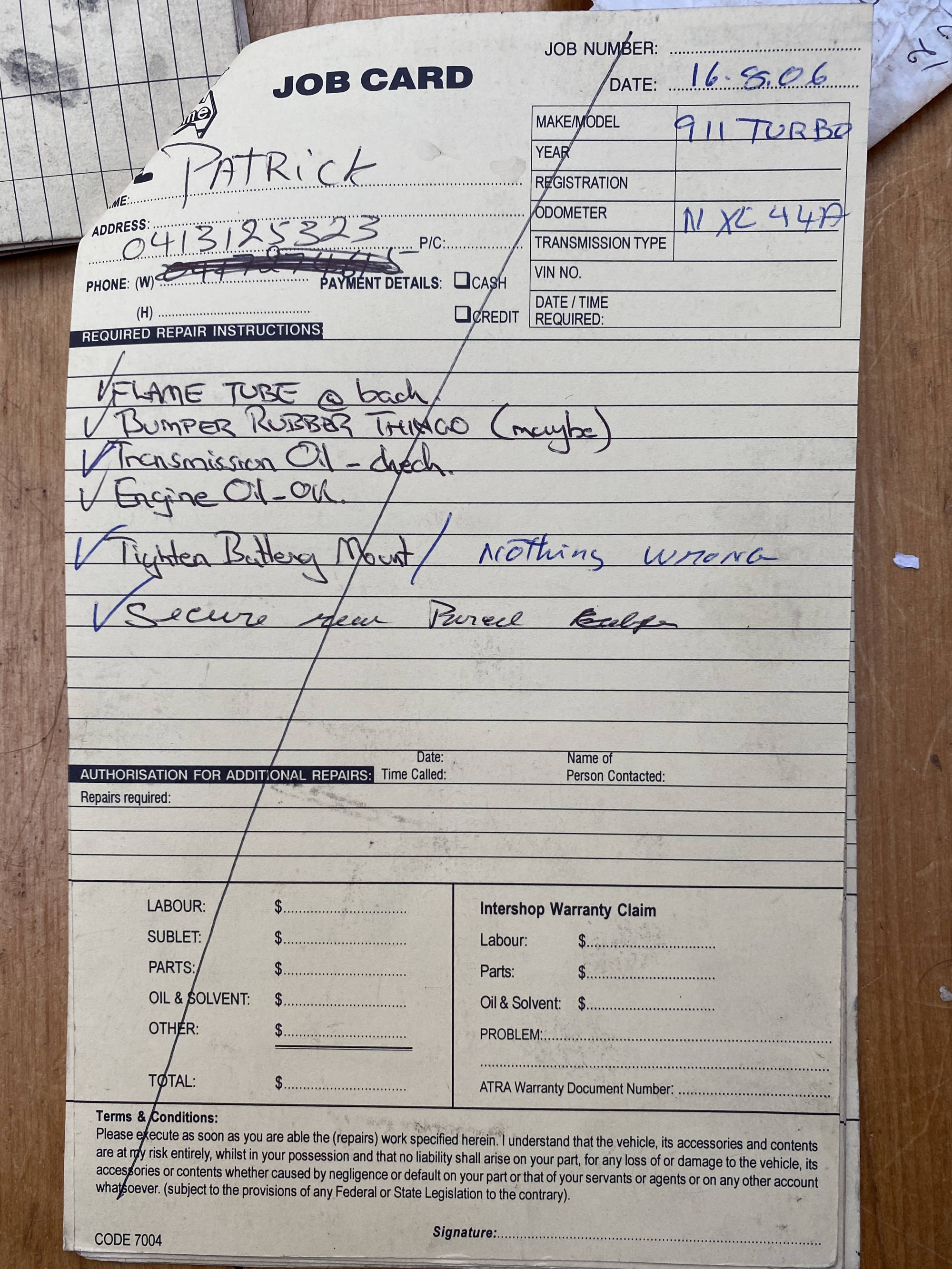Porsche 930 Service Card Cover - Flame Tube & Misc