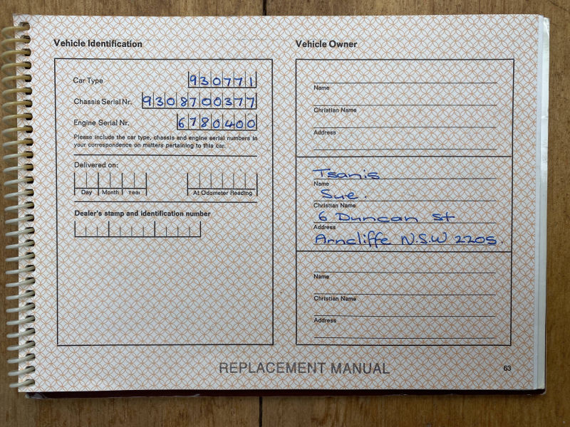 Porsche 930 Log Books Original Owner