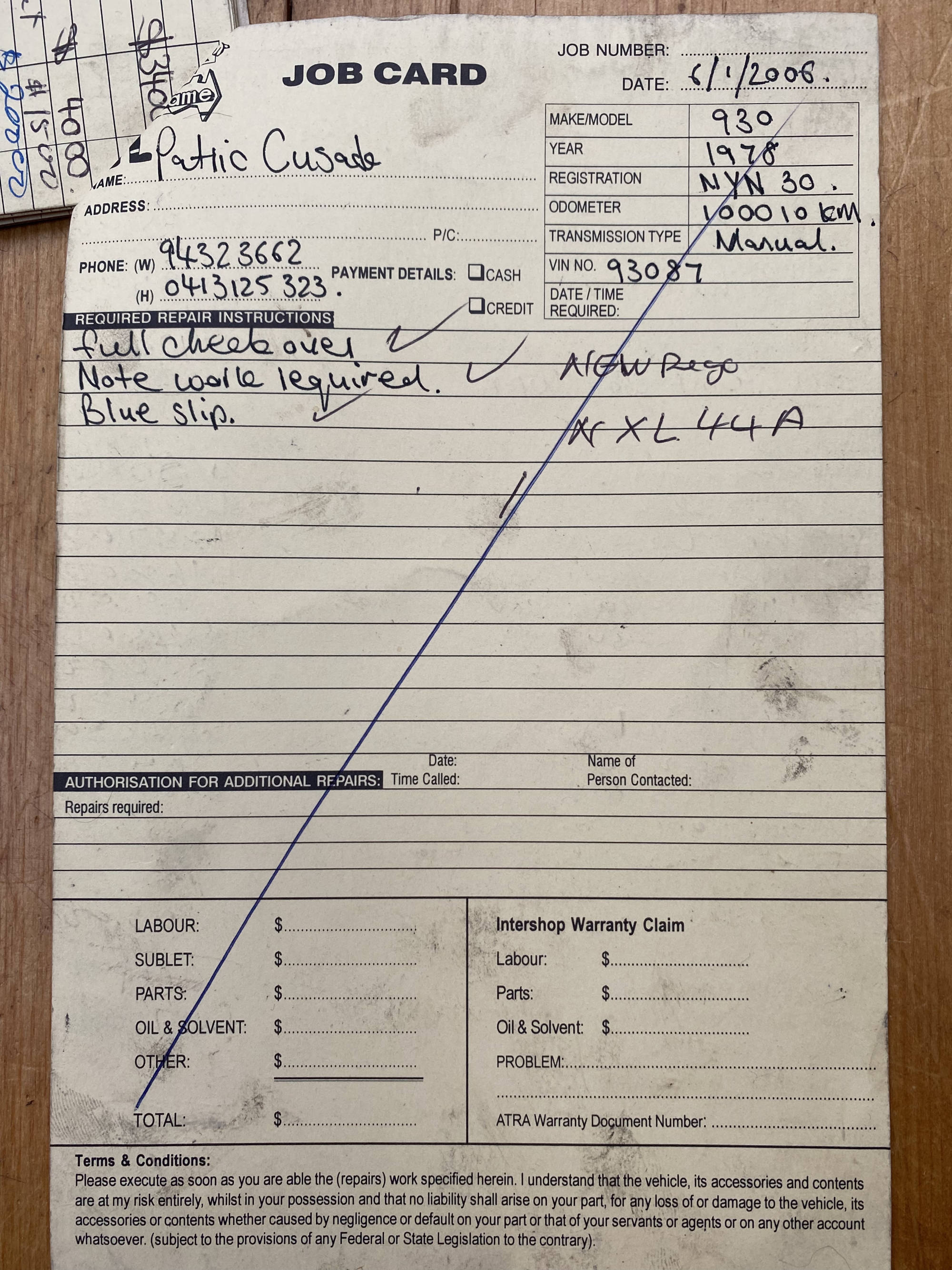 Porsche 930 Service Card Cover 2006