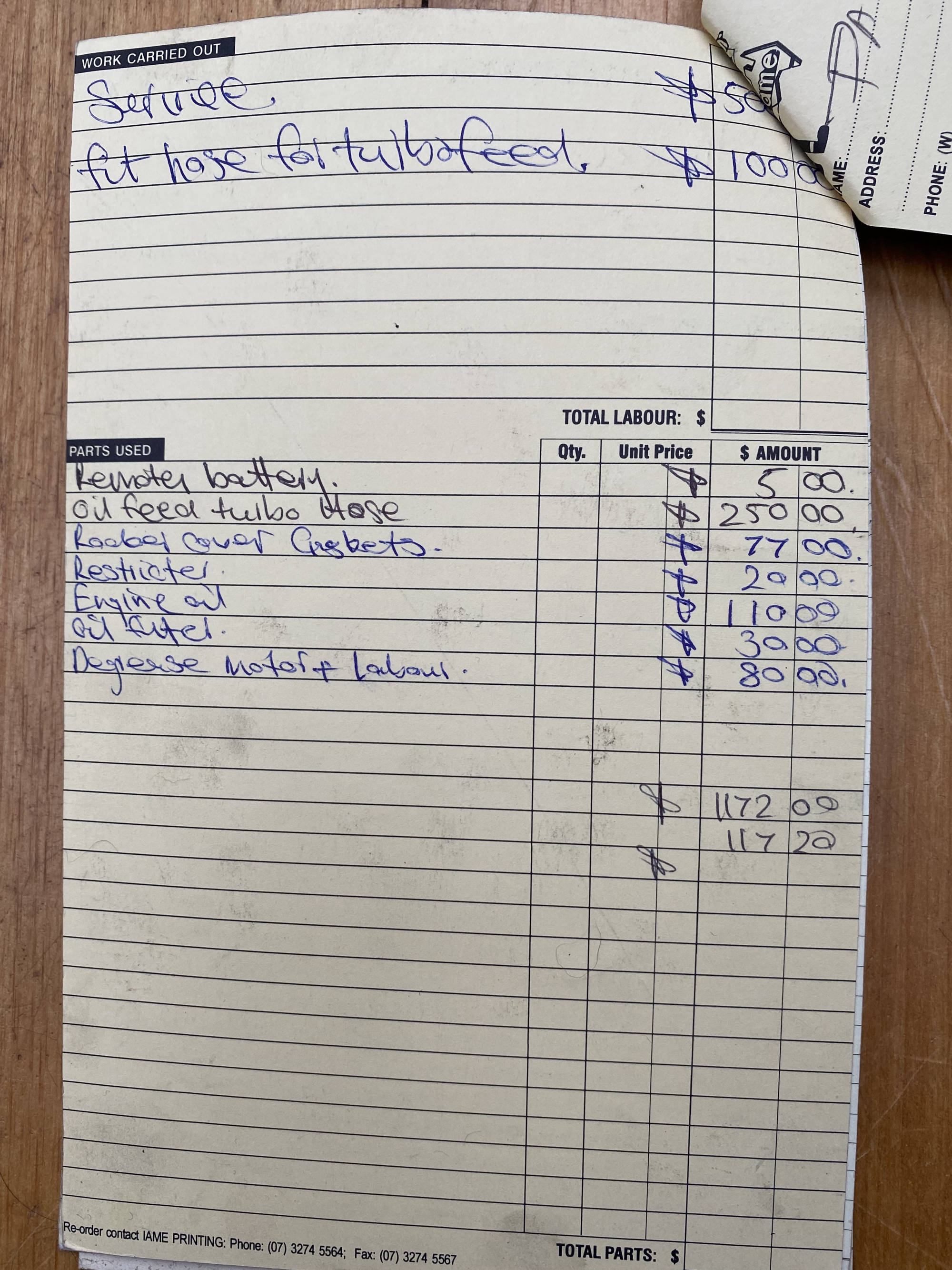 Porsche 930 Service Card - Oil Lines Overhaul 2007