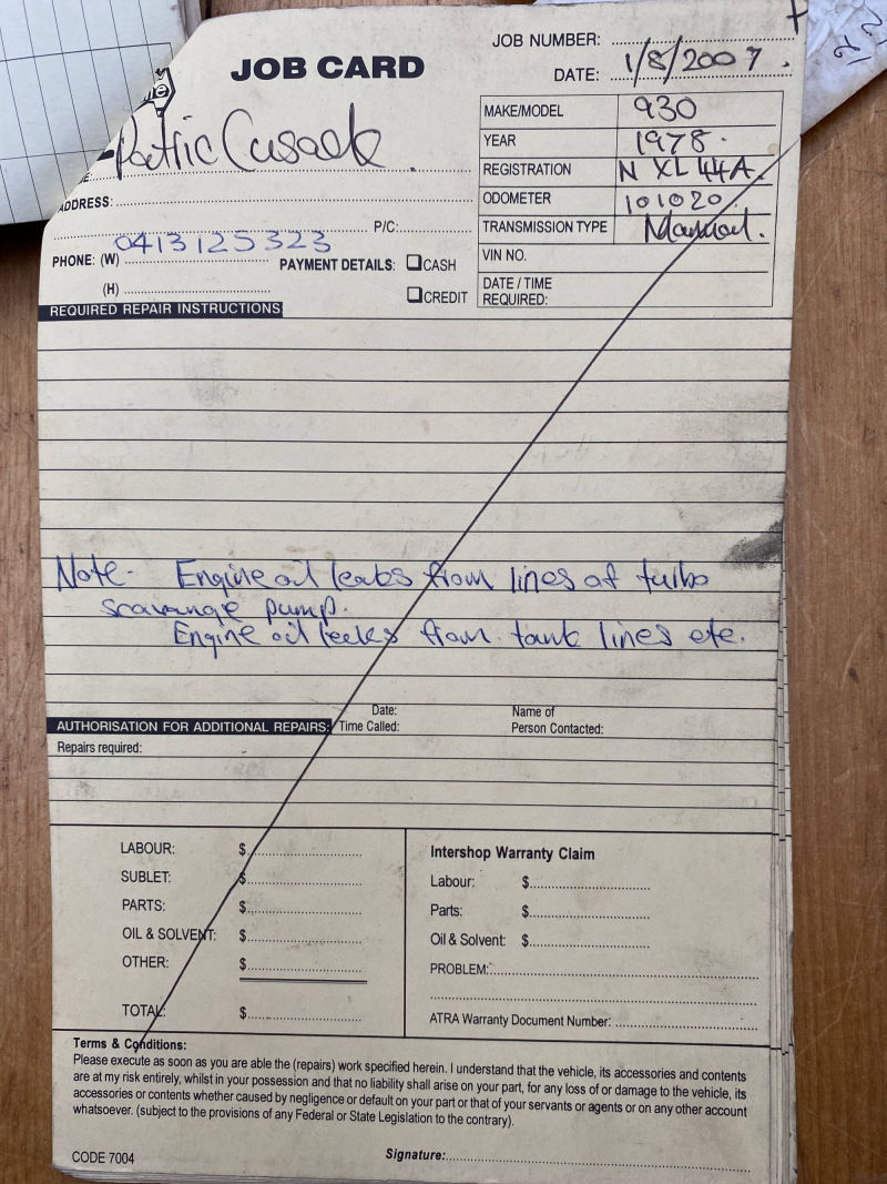 Porsche 930 Service Card Cover - Oil Lines Overhaul 2007