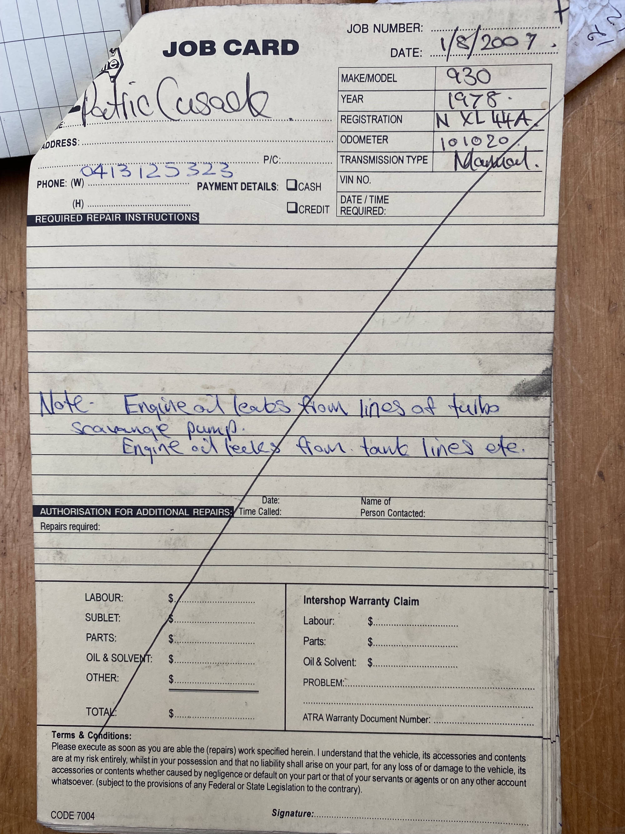 Porsche 930 Service Card Cover - Oil Lines Overhaul 2007