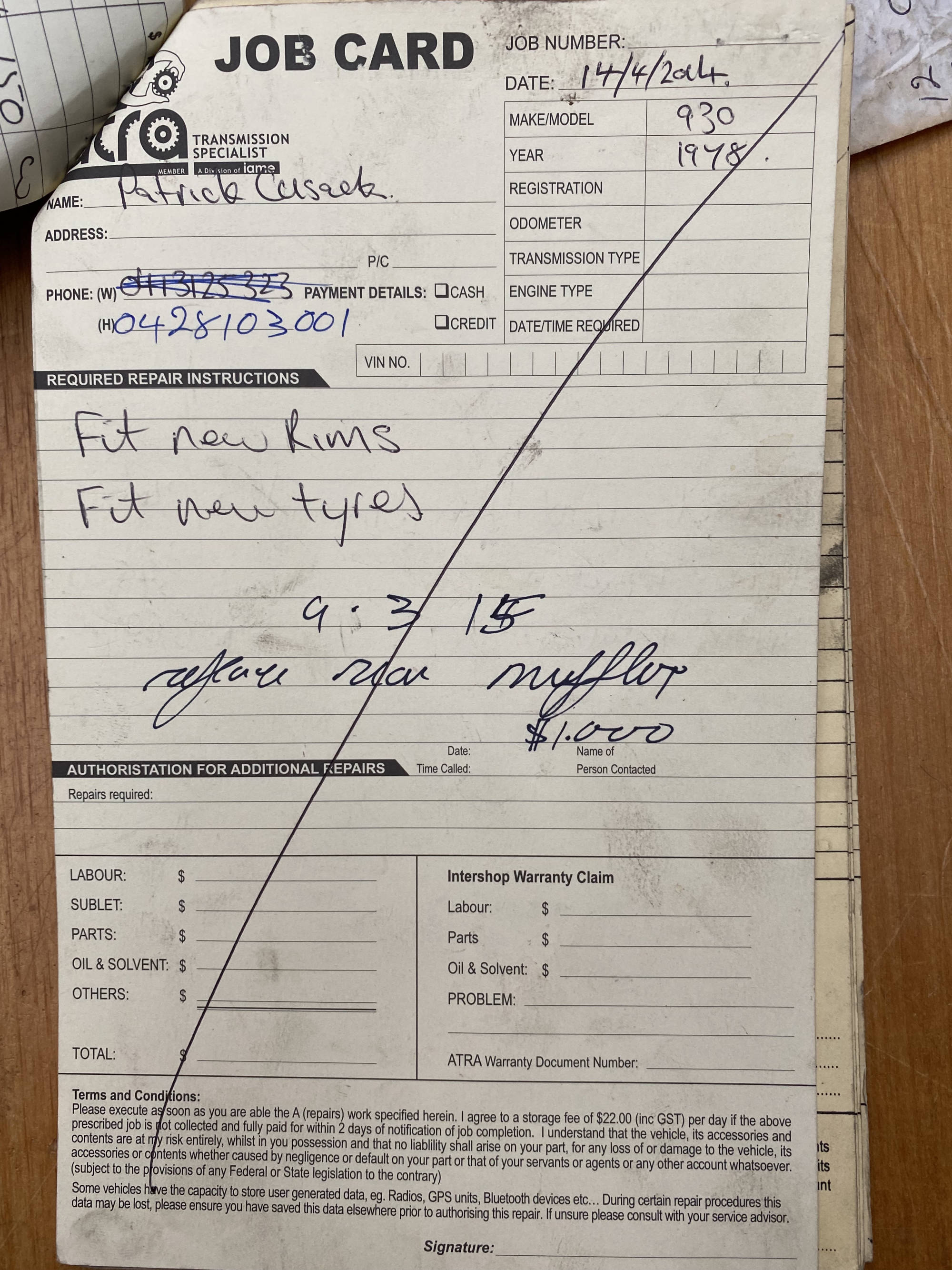 Porsche 930 Service Card - Original Rims and Muffler 2014