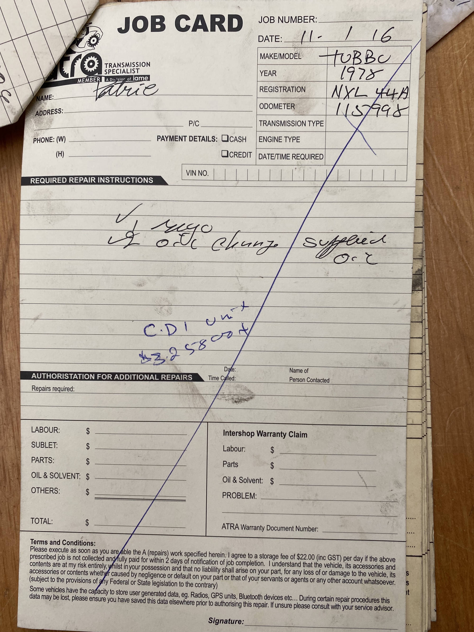 Porsche 930 Service Card Cover - New CDI Unit and Rego Oil Service 2016