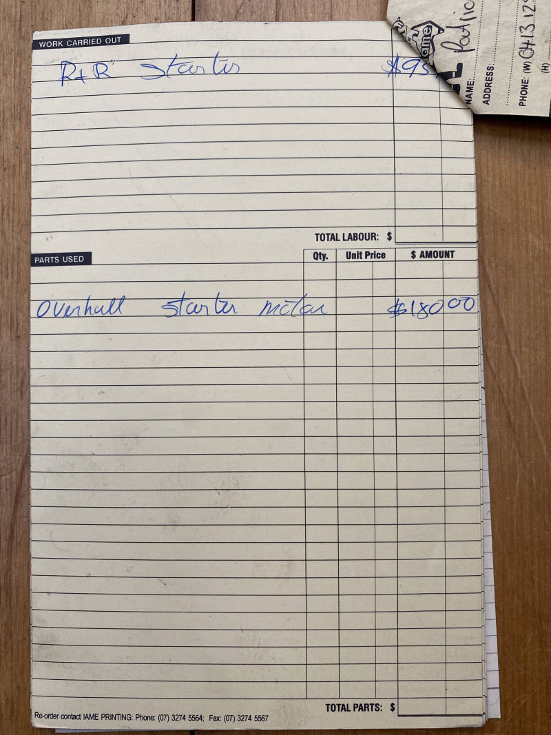 Porsche 930 Service Card - Starter Motor Overhaul 2006