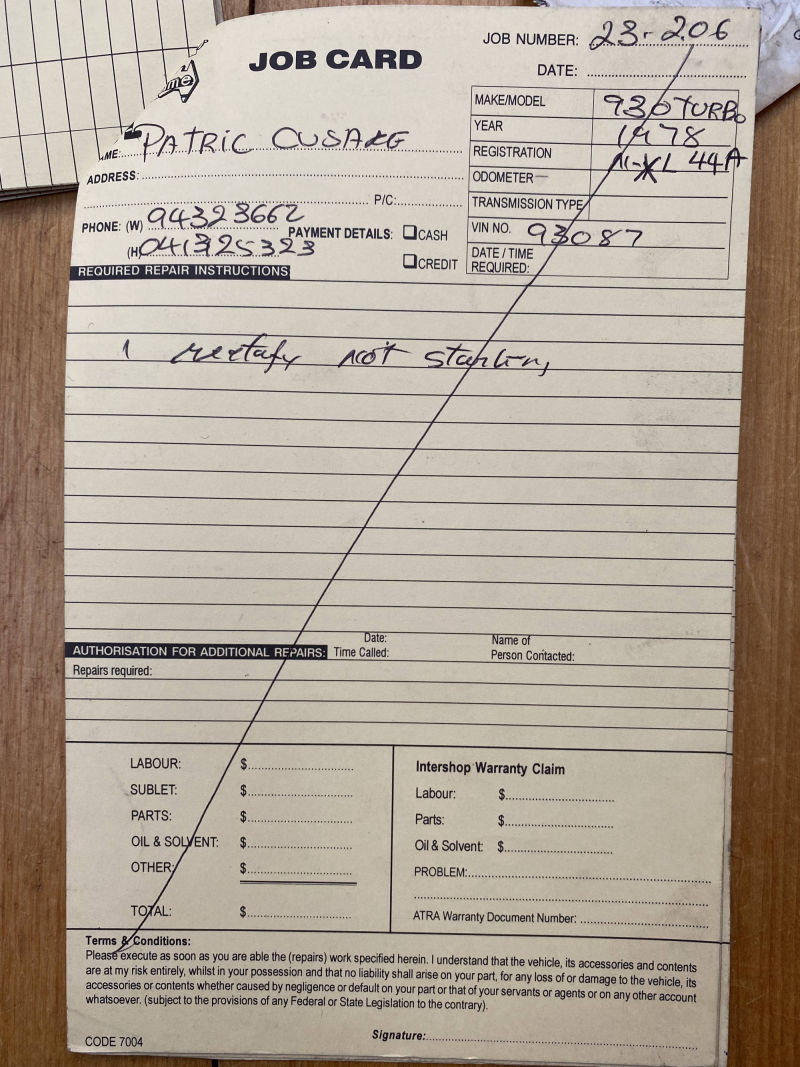 Porsche 930 Service Card Cover - Starter Motor Overhaul
