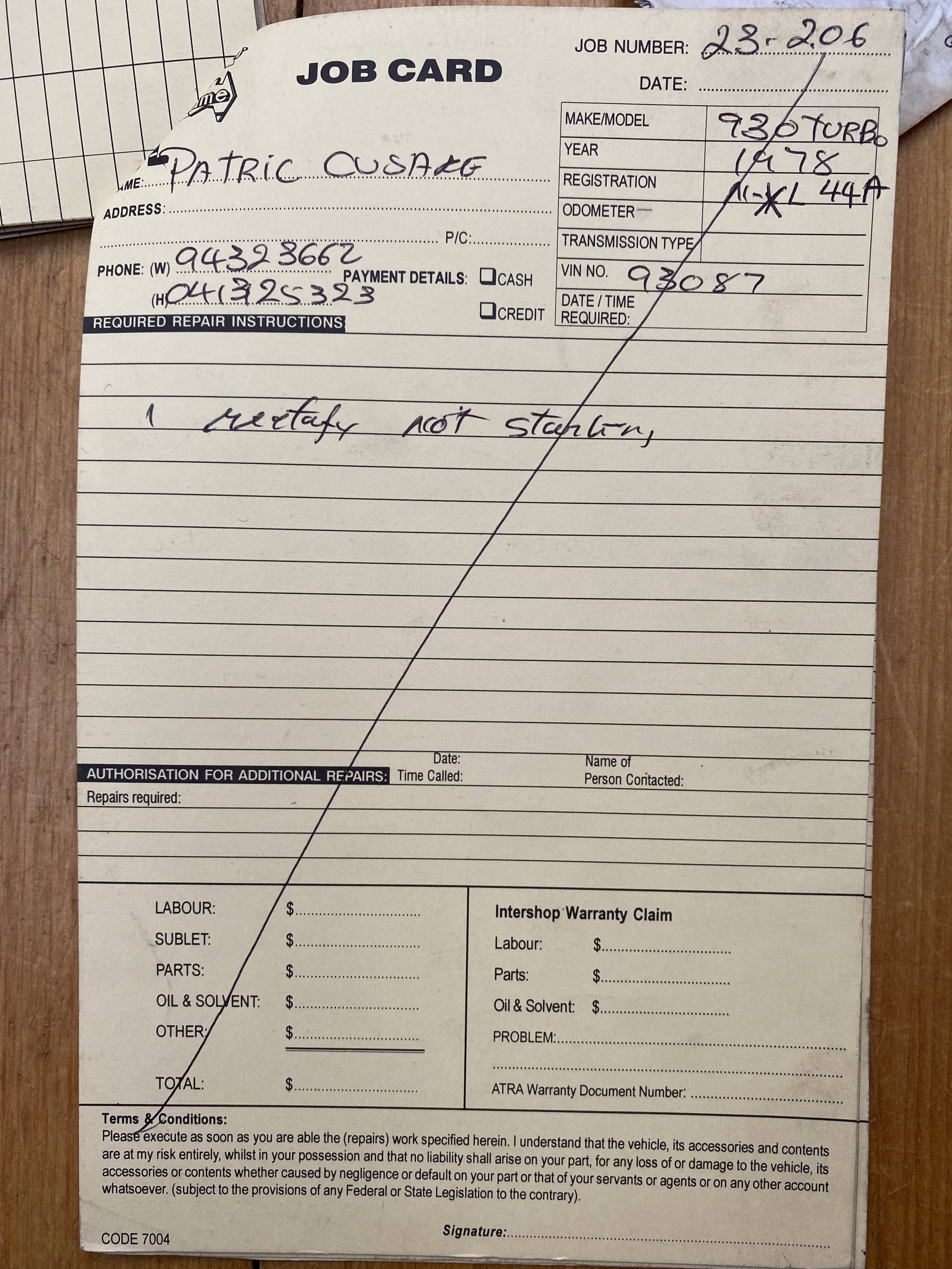 Porsche 930 Service Card Cover - Starter Motor Overhaul